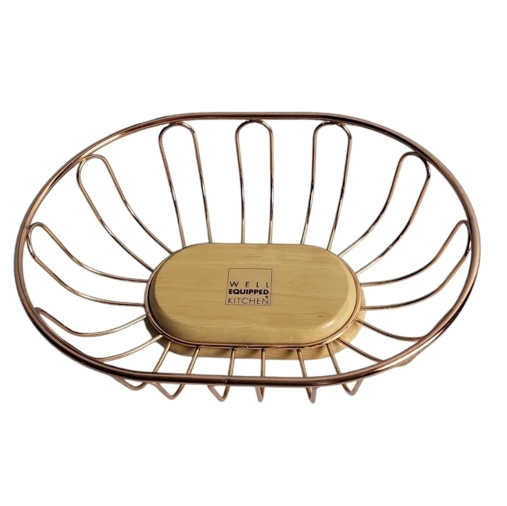 Well Equipped Kitchen Brass Basket Wooden Base